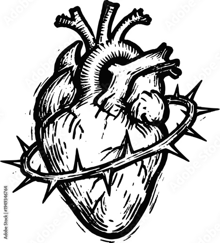 Hand drawn human heart illustration wrapped in a spiked circular crown, symbolizing pain and endurance