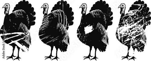 Vintage black and white turkey silhouettes set with textured grunge on white background