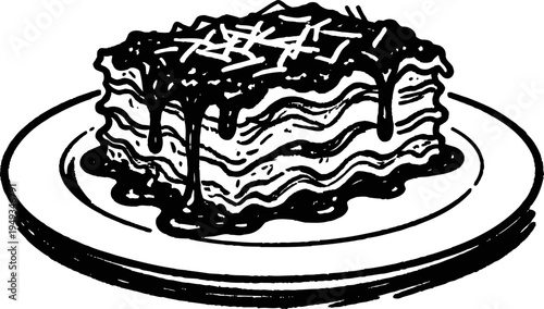 Slice of lasagna with melted cheese and sauce on a round plate, italian pasta dish illustration