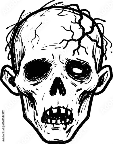 zombie skull illustration with cracked head and hollow eyes, spooky halloween horror character design