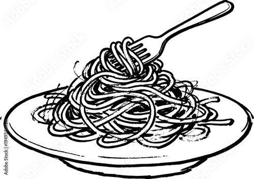 Plate of spaghetti pasta with fork twisted into noodles, classic italian food dish illustration