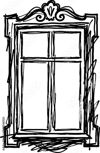 Hand drawn ornate vintage window frame sketch with decorative swirl details and crossbars