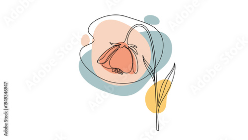 Delicate continuous line drawing of a single drooping flower petal accented by abstract organic shapes in muted pink, blue, and yellow pastel colors.