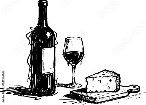 Wine bottle glass and cheese on cutting board hand drawn vintage illustration for restaurant menu or wine tasting event
