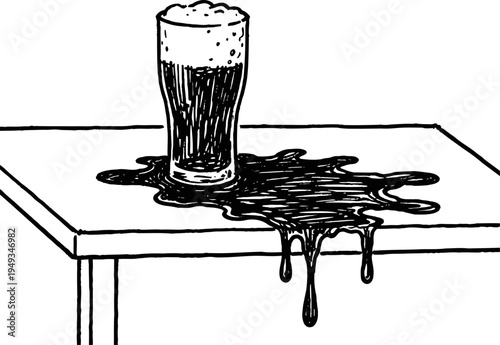 Glass of beer spilling on table with liquid dripping over edge, messy drink accident illustration