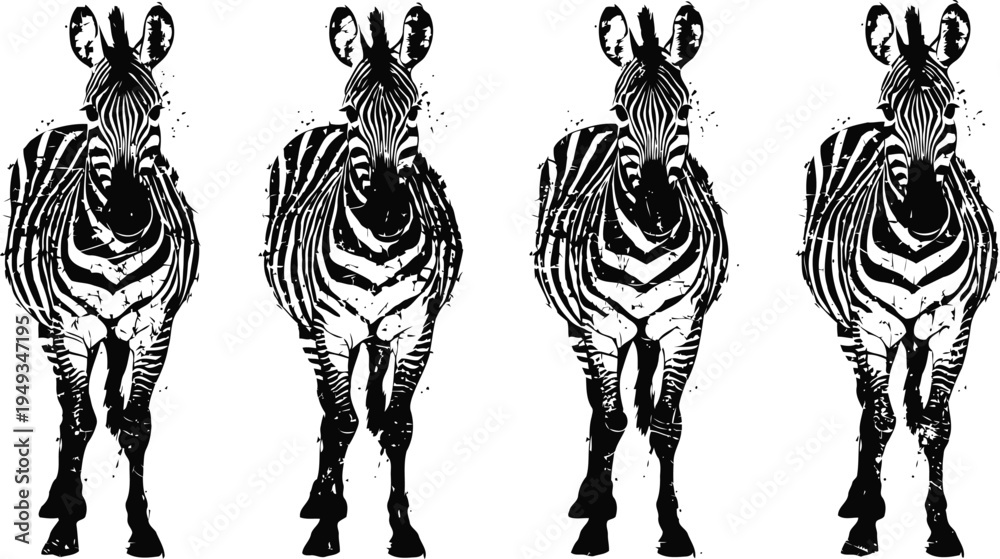 Fototapeta premium Four black and white zebras standing side by side facing forward with distinct stripes pattern