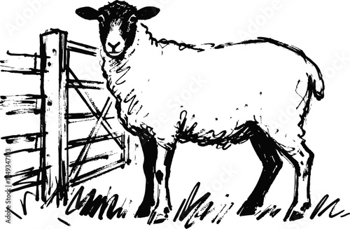 Black and white illustration of a sheep standing near a wooden fence in a grassy field