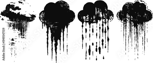 Set of grunge rain clouds with dripping ink effect in black silhouette