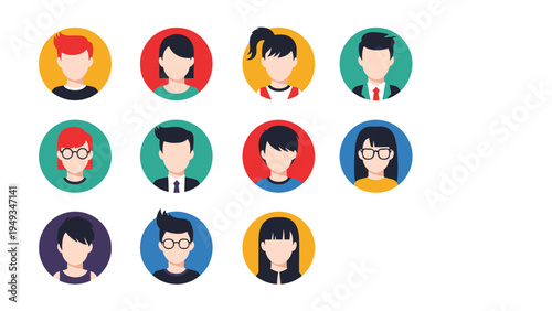 Set of diverse human avatar icons featuring various hairstyles and accessories in colorful circular backgrounds.