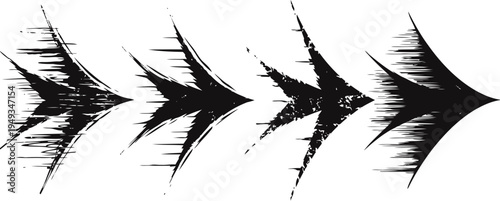 Abstract black ink arrow set with distressed rough texture moving right, grunge design elements