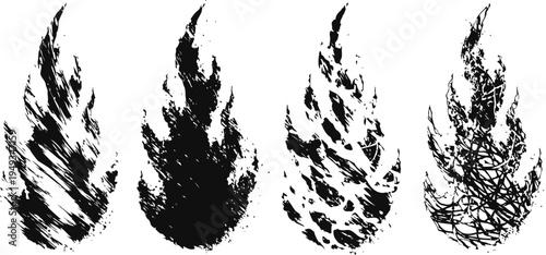set of four black ink grunge flame silhouettes with various textured brush strokes and abstract shapes