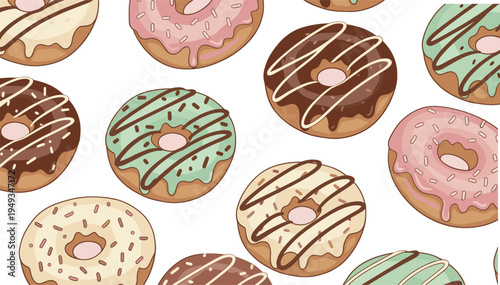 Colorful illustrated donuts pattern with icing and sprinkles, playful dessert design concept for bakery, sweet food background, confectionery art, and creative graphic decoration