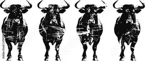 four distressed buffalo silhouettes standing in a row with textured grunge effect