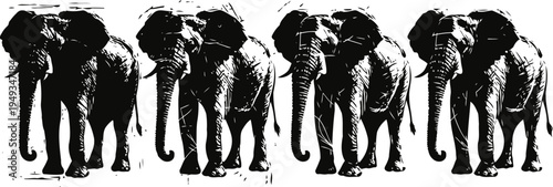 four walking elephants in a row, silhouette with detailed texture and shadow