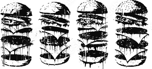 Graffiti black dripping burger layers illustration in grunge street art design set