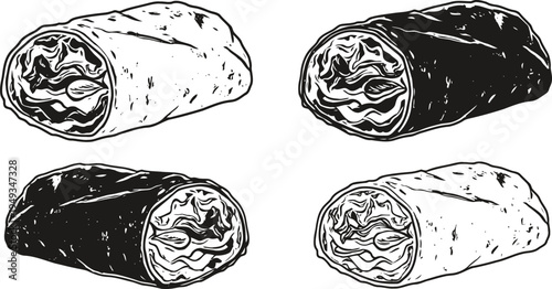 Black and white burrito illustrations mexican wrap with filling in simple line art style, food design elements