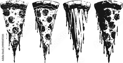 Four hand drawn pizza slices with dripping cheese and various toppings in black ink