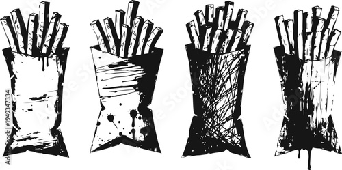 Hand drawn french fries illustrations crispy fried potato snack in various grunge bags