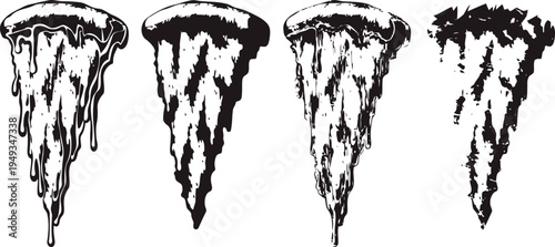 Four black and white hand drawn pizza slices with melting cheese illustration set