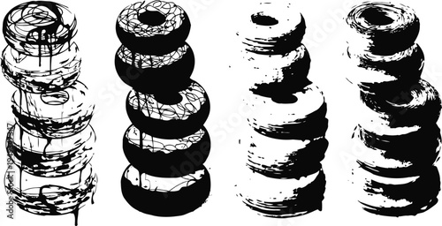 stacked donuts with chocolate glaze and sprinkles, three pairs black and white illustration