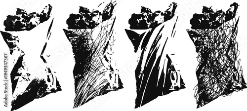 Abstract black and white artistic brush strokes and splatter patterns set on white background