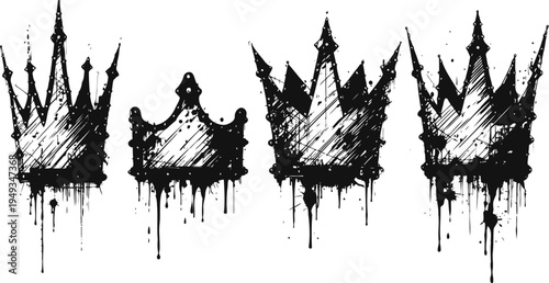 Grungy black crowns set with dripping paint hand drawn ink splatter vector illustration of royal headwear