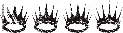 black silhouettes of birds flying low behind a row of spiked fence or barrier