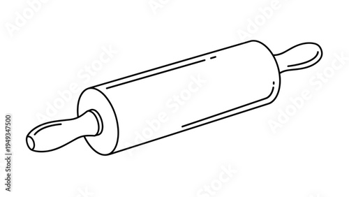 Detailed black and white line illustration of a wooden rolling pin used for baking dough on a plain white background.