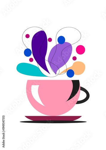 A cup of coffee with a colorful