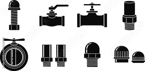 Plumbing valve and pipe fitting silhouette collection featuring water taps, ball valves, connectors, and industrial hardware icons for home repair services. (Exactly 20 words)