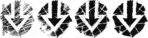 Grunge downward arrows in circle set, distressed retro design icons