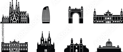 Barcelona landmarks silhouette icon set with Sagrada Familia Torre Glories Arc de Triomf Palau Nacional cathedral castle vector collection