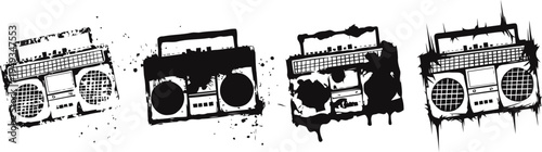 Retro cassette boombox collection in black silhouette with grunge texture background