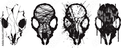 abstract animal skull designs with scratched and splattered ink textures in black and white