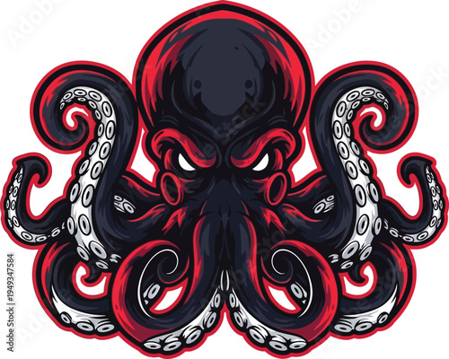 Fierce, stylized octopus mascot head design features dark tentacles and glowing white eyes on a white background.