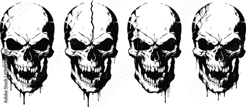 Four dark skull illustrations in ink with dripping paint effect on white background