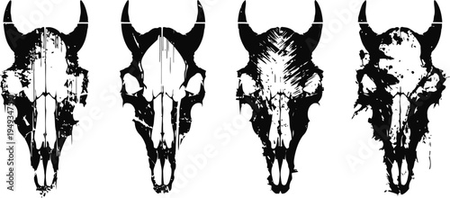 Black and white grunge animal skull designs with horns set in vintage