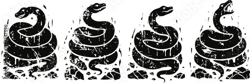 vintage coiled rattlesnake with rattling tail old school woodcut serpent tattoo design