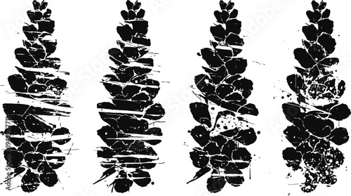Four black silhouettes of pinecones with varying shapes and textures isolated on white background