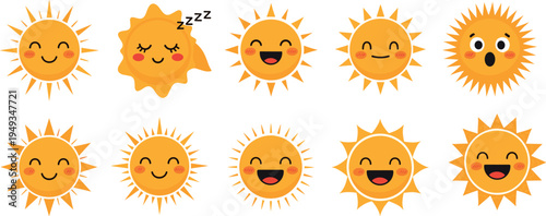 Cartoon sun characters with different facial expressions happy surprised sleepy smiling cute decorative illustration creative design collection flat vector