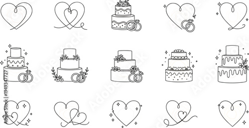 Elegant minimalist wedding vector icons featuring line art hearts tiered cakes and interlocking rings for marriage invitations anniversary cards and romantic designs.