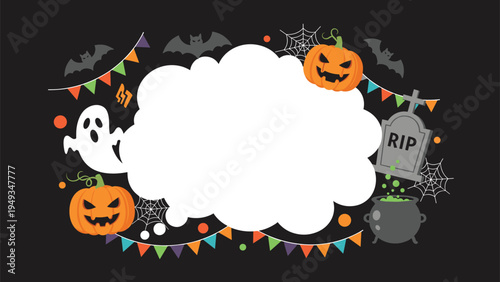 Halloween themed decorative border featuring ghosts pumpkins bats a cauldron and a tombstone with white copy space.