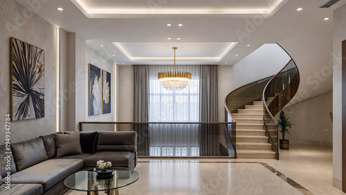 Luxurious modern living room features dramatic spiral staircase and elegant chandelier design