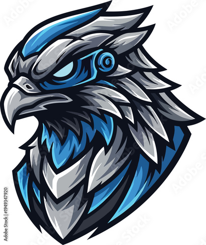 Stylized silver and blue falcon head presents a futuristic, sharp profile suitable for technology branding.