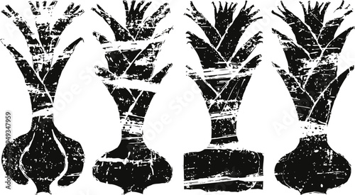 four distressed black garlic bulb silhouettes with textured vintage effect