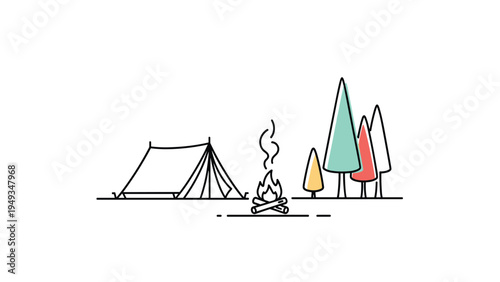 Simple line illustration of a camping site featuring a tent a glowing bonfire and several colorful pine trees.