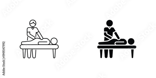 Physical therapy session vector icons, therapist helping patient on table, isolated on white, rehabilitation and mobility therapy, healthcare and wellness concept.