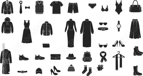 Fashion clothing and accessories silhouette icon set with dresses jackets shoes bags hats sunglasses watch belt vector collection for men and women wardrobe