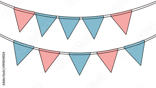 Decorative illustration of two strings of hanging triangle bunting flags in soft blue and pink pastel colors.