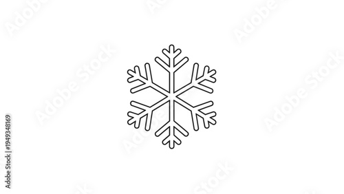 Simple symmetrical snowflake line drawing isolated on a white background for winter holiday and seasonal designs.